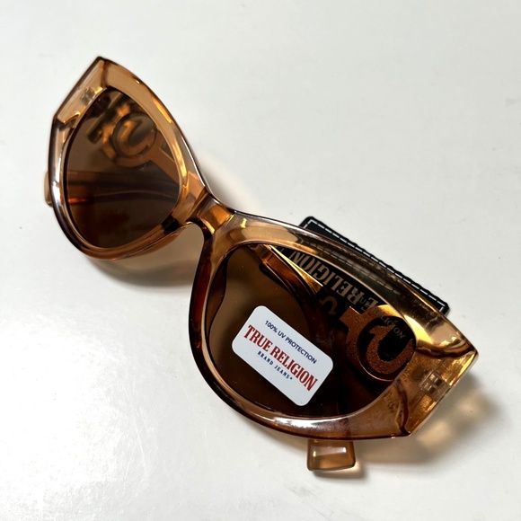 New Original TRUE RELIGION Cat Eye Sunglasses Clear Acetate Gold Logo Rhinestone